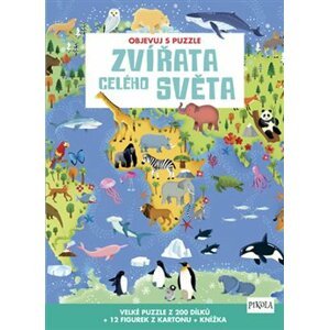 Objevuj s puzzle: Zvířata celého světa. Velké puzzle z 200 dílků + 12 figurek z kartonu + knížka